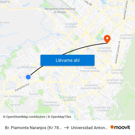 Br. Piamonte Naranjos (Kr 78c - Cl 70 Sur) to Universidad Antonio Nariño map