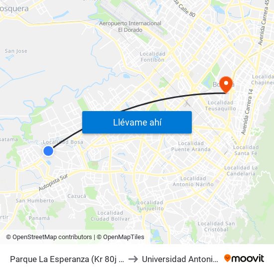 Parque La Esperanza (Kr 80j - Cl 75 Sur) to Universidad Antonio Nariño map