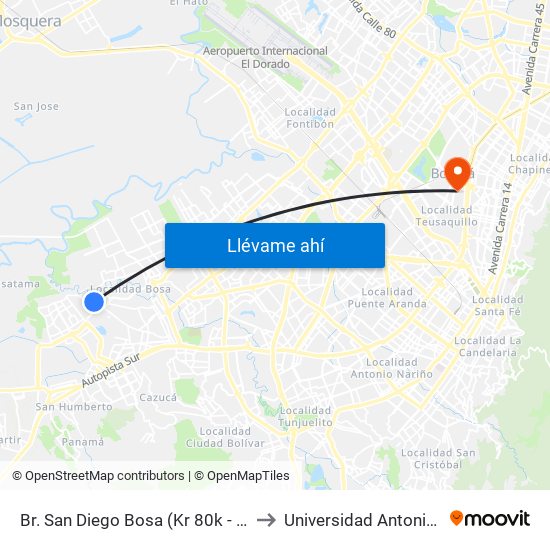 Br. San Diego Bosa (Kr 80k - Cl 82b Sur) to Universidad Antonio Nariño map