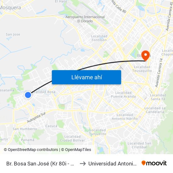 Br. Bosa San José (Kr 80i - Cl 85b Sur) to Universidad Antonio Nariño map