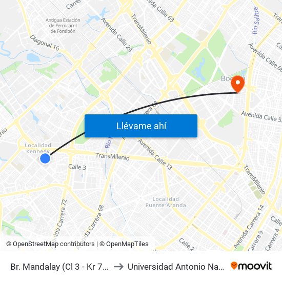Br. Mandalay (Cl 3 - Kr 78b) to Universidad Antonio Nariño map