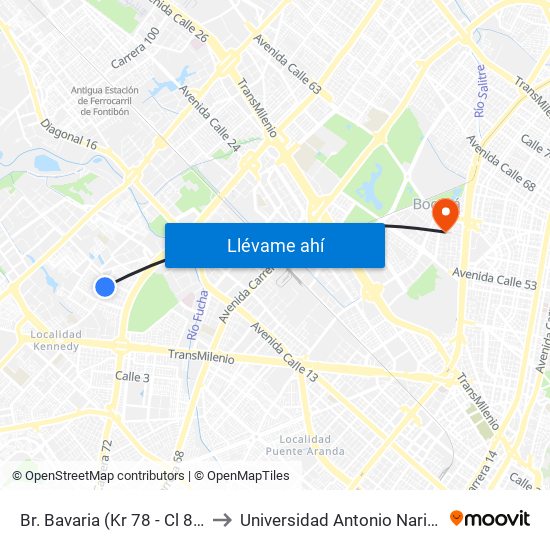 Br. Bavaria (Kr 78 - Cl 8c) to Universidad Antonio Nariño map