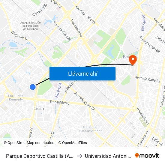 Parque Deportivo Castilla (Ac 8 - Kr 73) to Universidad Antonio Nariño map