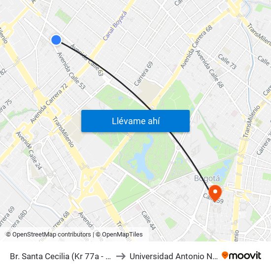 Br. Santa Cecilia (Kr 77a - Cl 55) to Universidad Antonio Nariño map