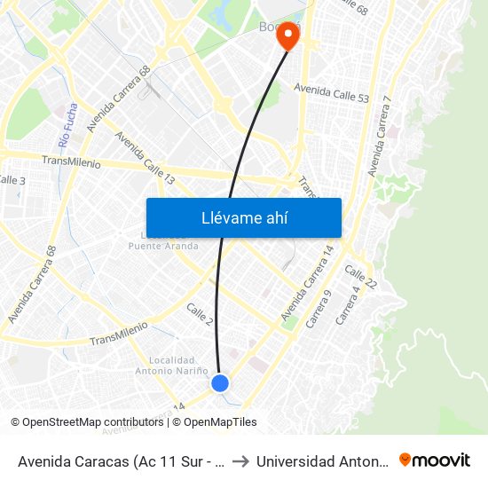 Avenida Caracas (Ac 11 Sur - Av. Caracas) to Universidad Antonio Nariño map