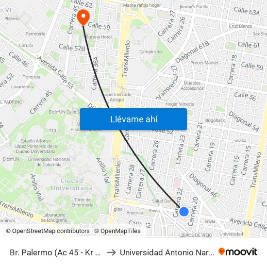 Br. Palermo (Ac 45 - Kr 20) to Universidad Antonio Nariño map