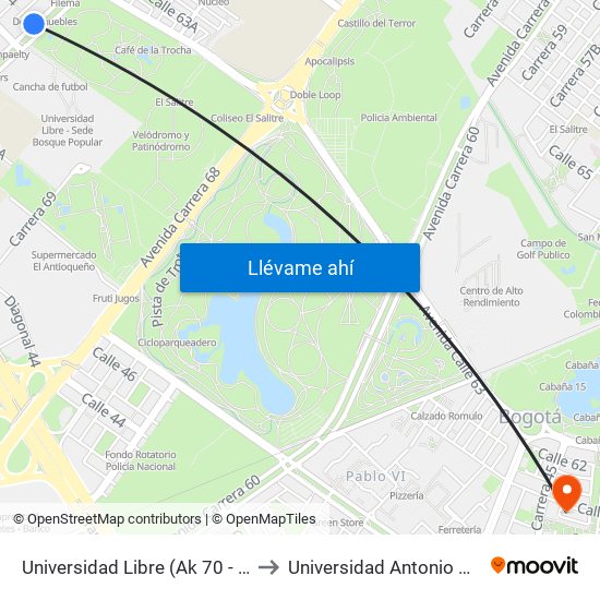 Universidad Libre (Ak 70 - Cl 54) to Universidad Antonio Nariño map
