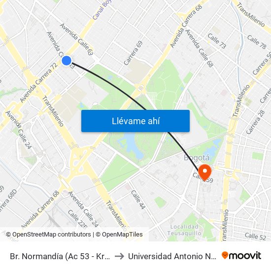 Br. Normandía (Ac 53 - Kr 71c) to Universidad Antonio Nariño map