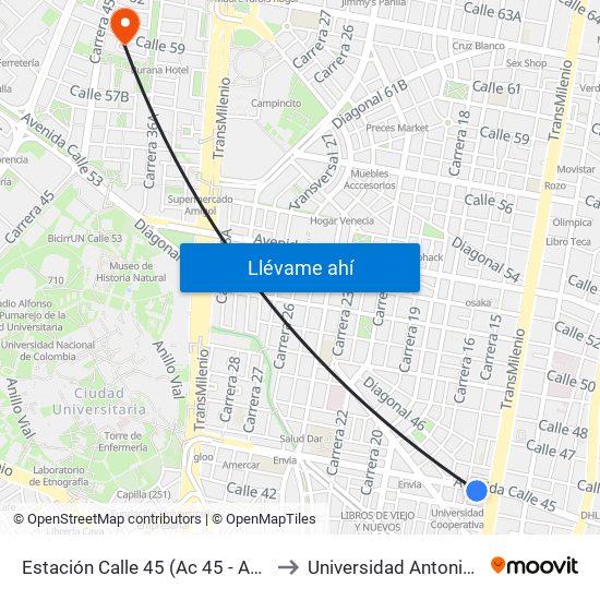 Estación Calle 45 (Ac 45 - Av. Caracas) to Universidad Antonio Nariño map