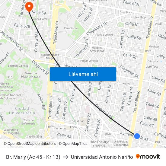 Br. Marly (Ac 45 - Kr 13) to Universidad Antonio Nariño map