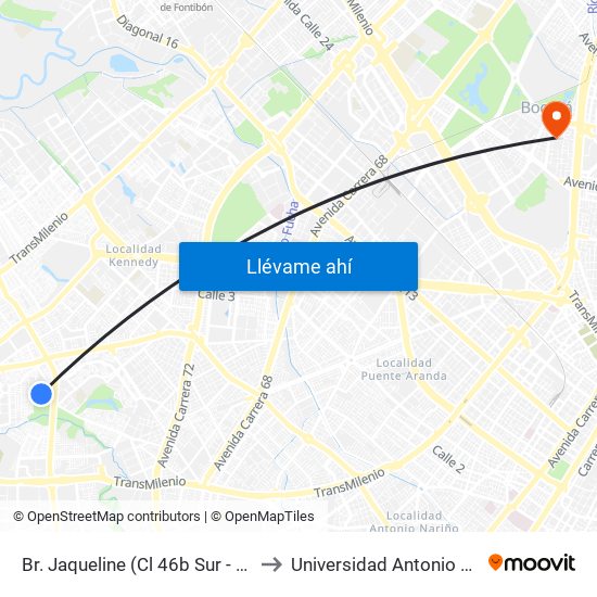 Br. Jaqueline (Cl 46b Sur - Kr 77v) to Universidad Antonio Nariño map