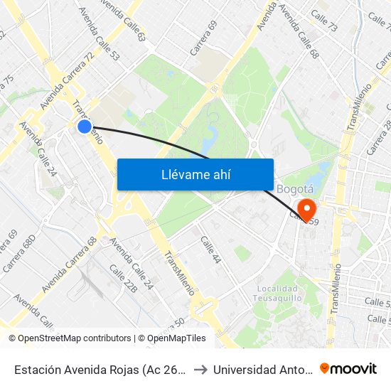 Estación Avenida Rojas (Ac 26 - Kr 69d Bis) (A) to Universidad Antonio Nariño map