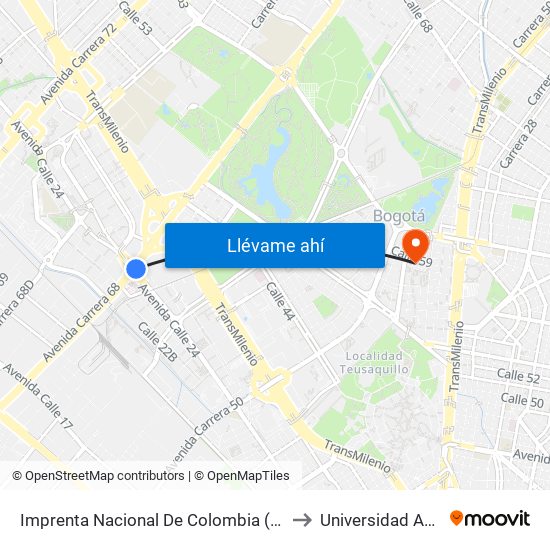 Imprenta Nacional De Colombia (Ak 68 - Av. Esperanza) (A) to Universidad Antonio Nariño map