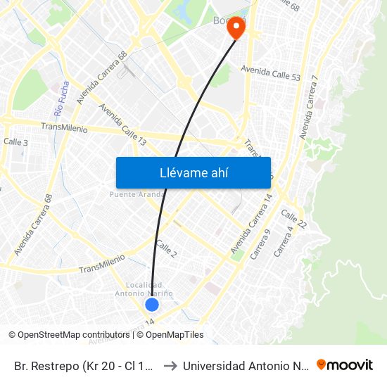 Br. Restrepo (Kr 20 - Cl 18 Sur) to Universidad Antonio Nariño map