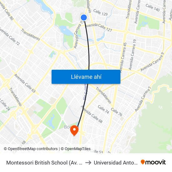 Montessori British School (Av. Boyacá - Cl 128) to Universidad Antonio Nariño map