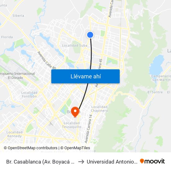 Br. Casablanca (Av. Boyacá - Cl 152b) to Universidad Antonio Nariño map