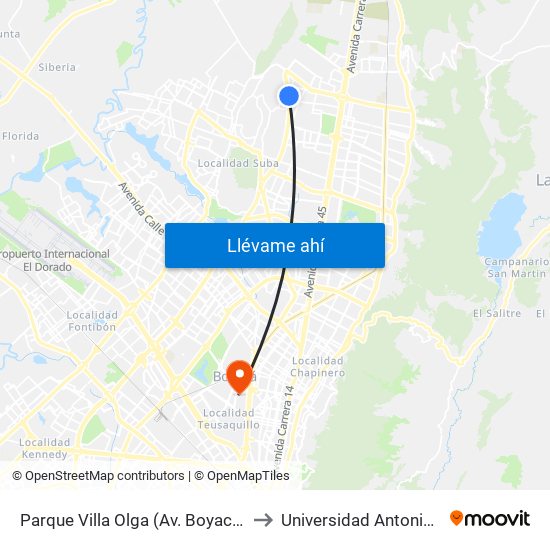 Parque Villa Olga (Av. Boyacá - Cl 167) to Universidad Antonio Nariño map