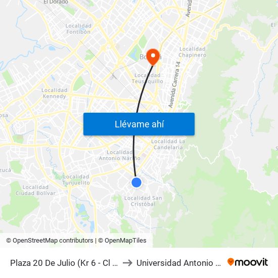 Plaza 20 De Julio (Kr 6 - Cl 24 Sur) to Universidad Antonio Nariño map