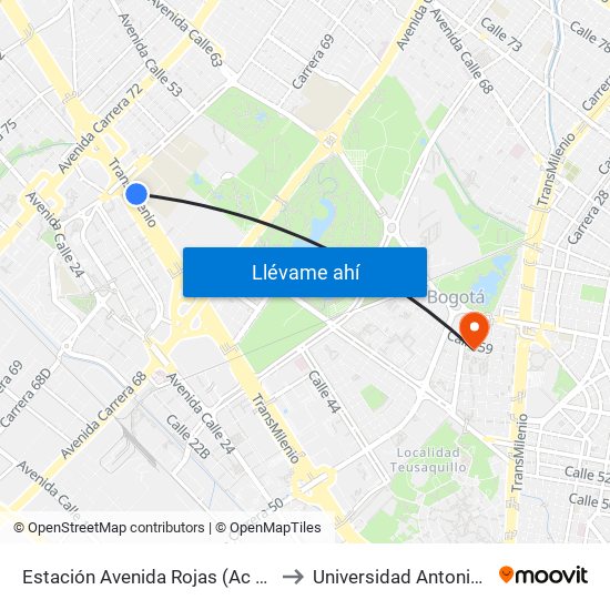 Estación Avenida Rojas (Ac 26 - Ak 70) to Universidad Antonio Nariño map