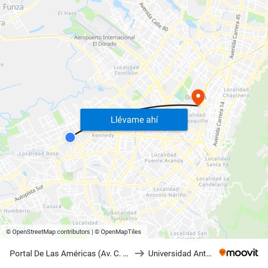 Portal De Las Américas (Av. C. De Cali - Av. V/Cio) to Universidad Antonio Nariño map