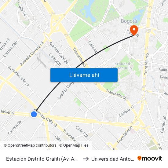 Estación Distrito Grafiti (Av. Américas - Kr 53a) to Universidad Antonio Nariño map