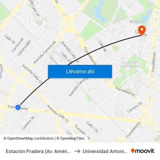 Estación Pradera (Av. Américas - Kr 65) to Universidad Antonio Nariño map