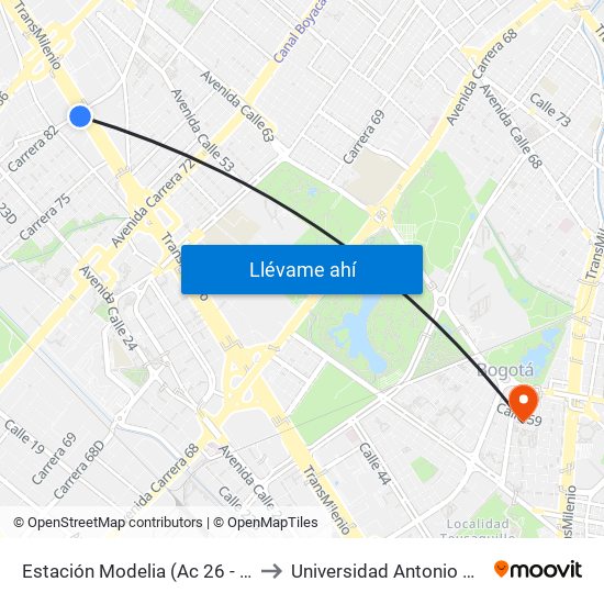 Estación Modelia (Ac 26 - Kr 82) to Universidad Antonio Nariño map