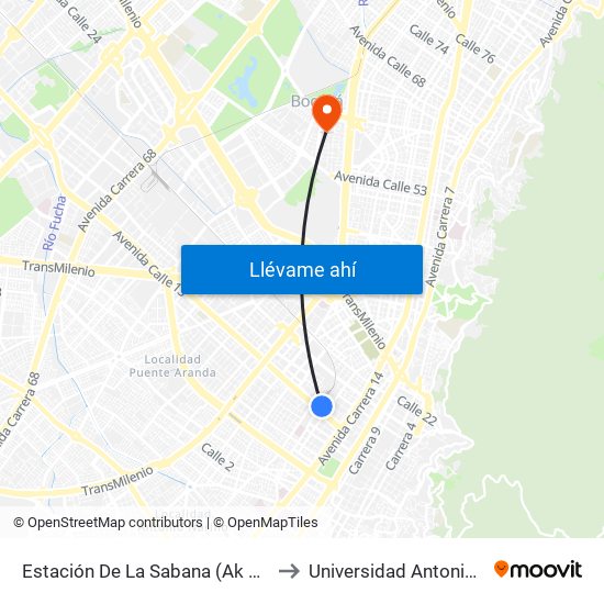 Estación De La Sabana (Ak 18 - Ac 13) to Universidad Antonio Nariño map