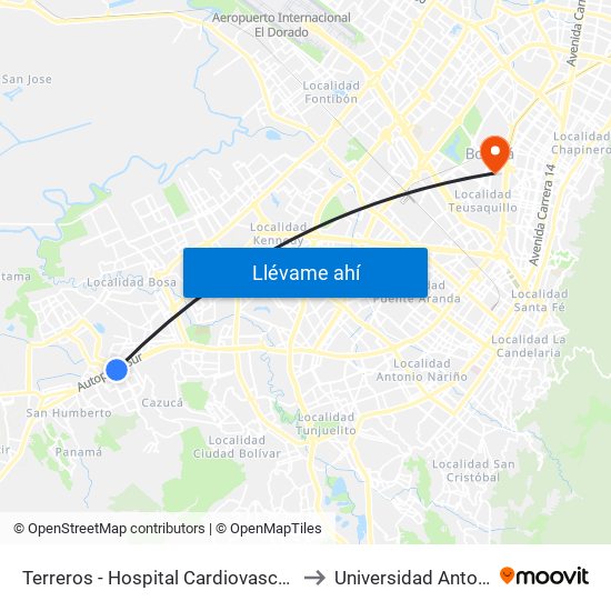 Terreros - Hospital Cardiovascular (Lado Norte) to Universidad Antonio Nariño map