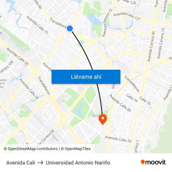 Avenida Cali to Universidad Antonio Nariño map