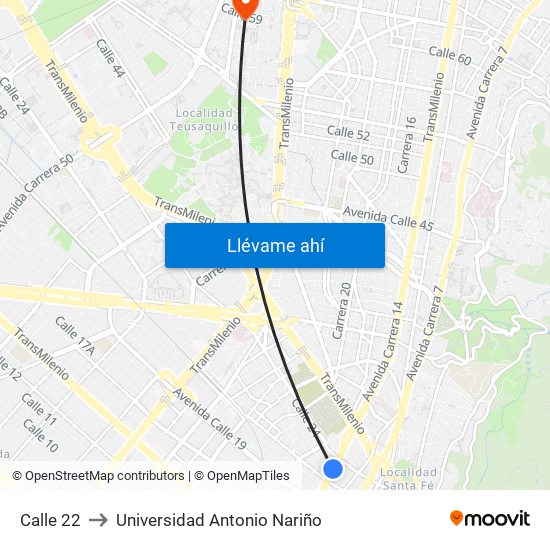 Calle 22 to Universidad Antonio Nariño map