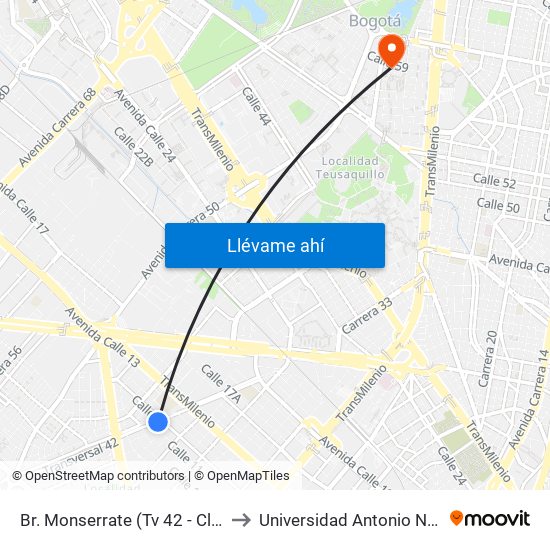 Br. Monserrate (Tv 42 - Cl 11a) to Universidad Antonio Nariño map