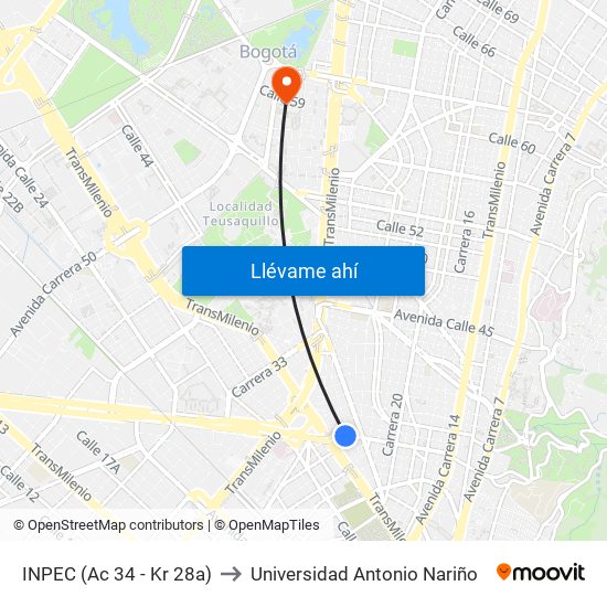 INPEC (Ac 34 - Kr 28a) to Universidad Antonio Nariño map