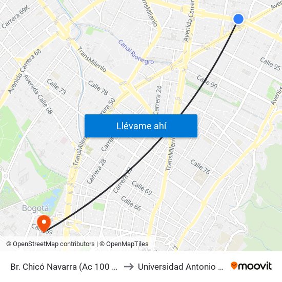 Br. Chicó Navarra (Ac 100 - Kr 16) to Universidad Antonio Nariño map