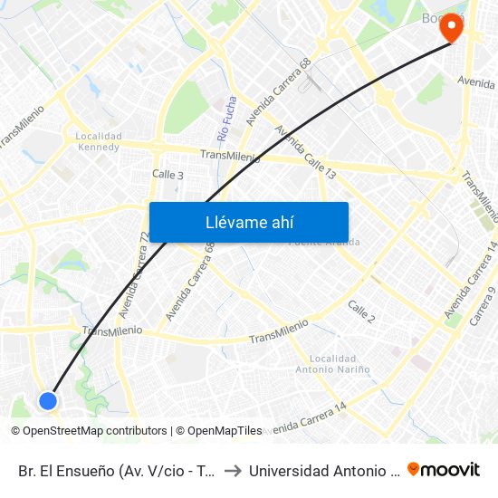 Br. El Ensueño (Av. V/cio - Tv 63) (A) to Universidad Antonio Nariño map