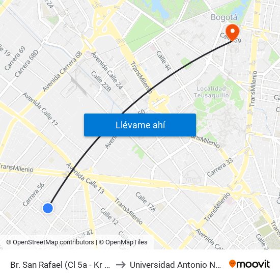 Br. San Rafael (Cl 5a - Kr 53c) to Universidad Antonio Nariño map