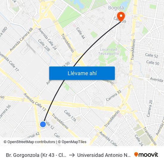 Br. Gorgonzola (Kr 43 - Cl 10a) to Universidad Antonio Nariño map