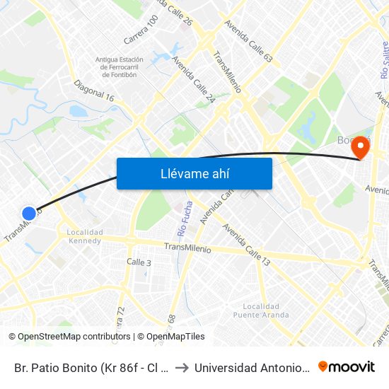Br. Patio Bonito (Kr 86f - Cl 35b Sur) to Universidad Antonio Nariño map