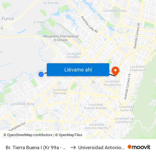 Br. Tierra Buena I (Kr 99a - Cl 26 Sur) to Universidad Antonio Nariño map