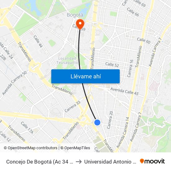 Concejo De Bogotá (Ac 34 - Kr 27) to Universidad Antonio Nariño map