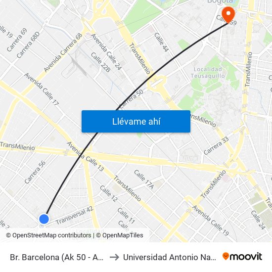 Br. Barcelona (Ak 50 - Ac 3) to Universidad Antonio Nariño map
