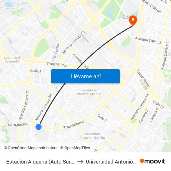 Estación Alquería (Auto Sur - Kr 51f) to Universidad Antonio Nariño map