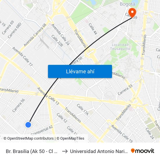 Br. Brasilia (Ak 50 - Cl 4c) to Universidad Antonio Nariño map