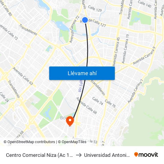 Centro Comercial Niza (Ac 127 - Kr 60) to Universidad Antonio Nariño map