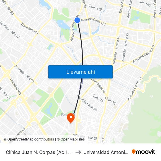 Clínica Juan N. Corpas (Ac 127 - Kr 71b) to Universidad Antonio Nariño map