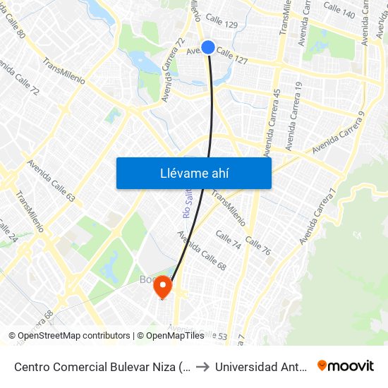 Centro Comercial Bulevar Niza (Ac 127 - Av. Suba) to Universidad Antonio Nariño map