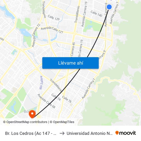 Br. Los Cedros (Ac 147 - Kr 7f) to Universidad Antonio Nariño map