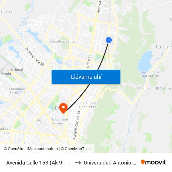 Avenida Calle 153 (Ak 9 - Ac 153) to Universidad Antonio Nariño map