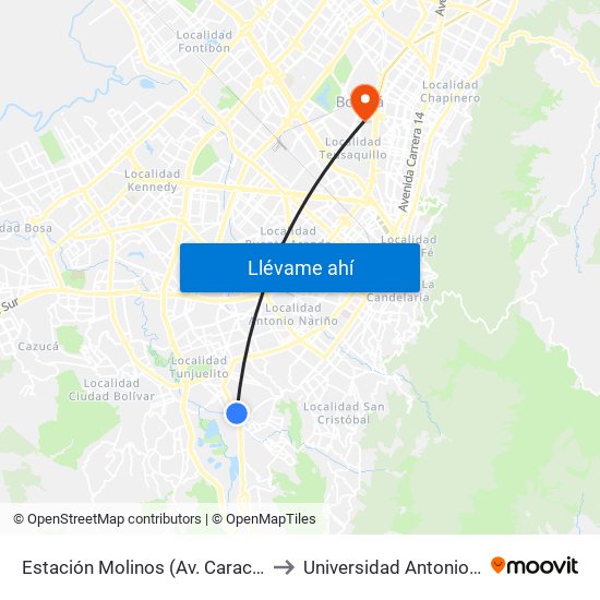 Estación Molinos (Av. Caracas - Kr 7) to Universidad Antonio Nariño map