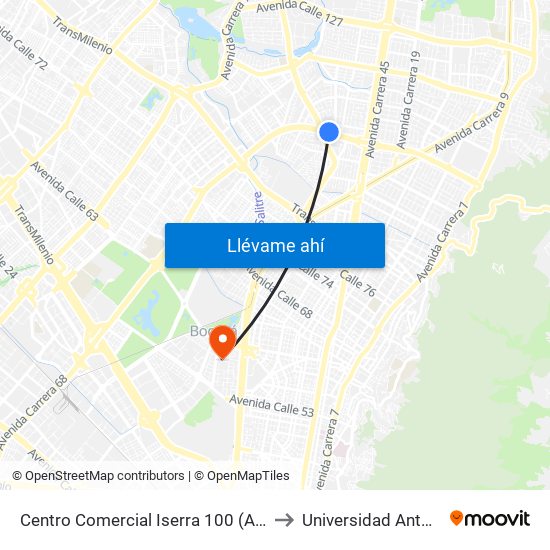 Centro Comercial Iserra 100 (Ac 100 - Tv 55) (A) to Universidad Antonio Nariño map